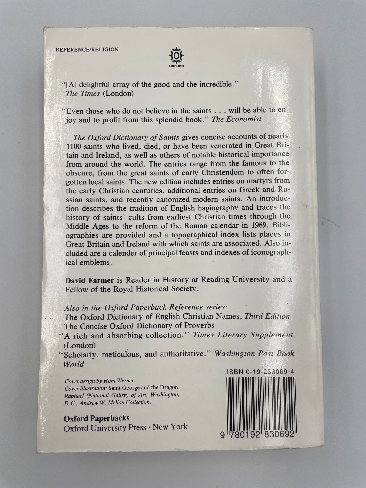 Back cover of ‘The Oxford Dictionary of Saints’ by David Hugh Farmer.