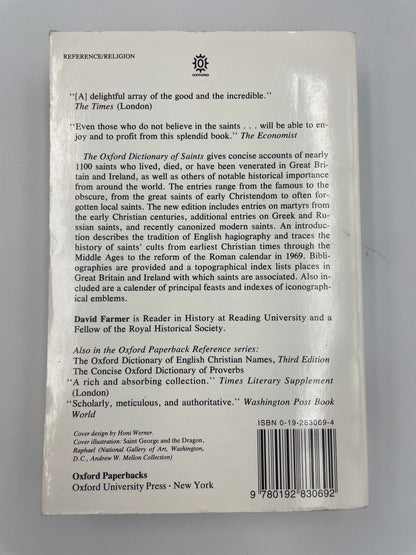 Back cover of ‘The Oxford Dictionary of Saints’ by David Hugh Farmer.