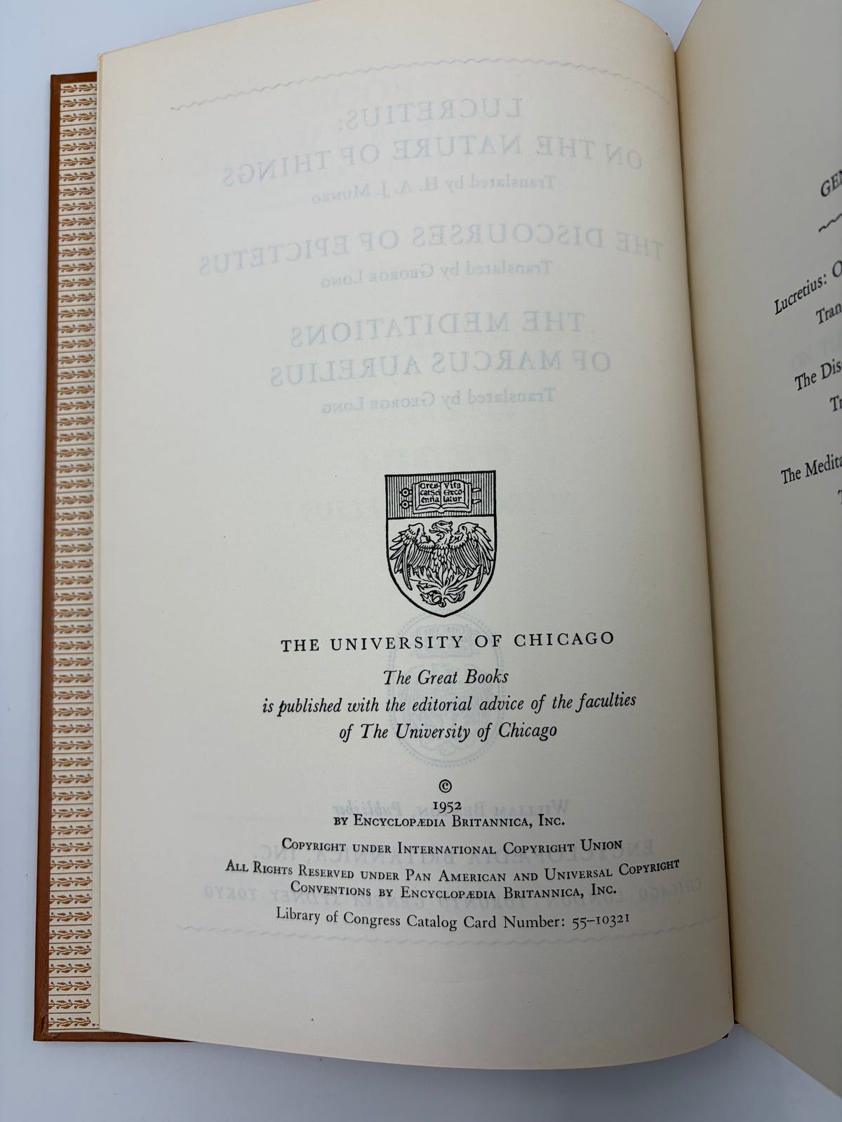 Copyright page of 'Lucretius, Epictetus and Marcus Aurelius' from 'The Great Books' series published by the University of Chicago Press. 1952