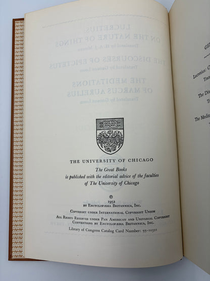 Copyright page of 'Lucretius, Epictetus and Marcus Aurelius' from 'The Great Books' series published by the University of Chicago Press. 1952