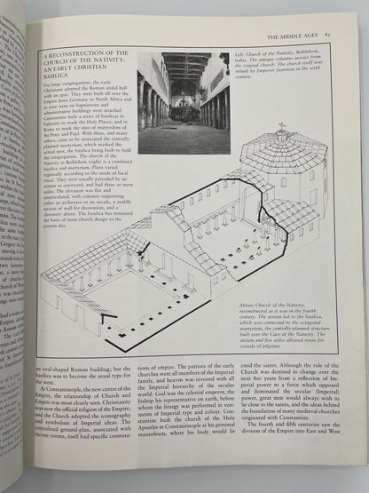 Page with illustration of early Christian basilica from ‘Architecture of the Western World’ by Michael Rayburn