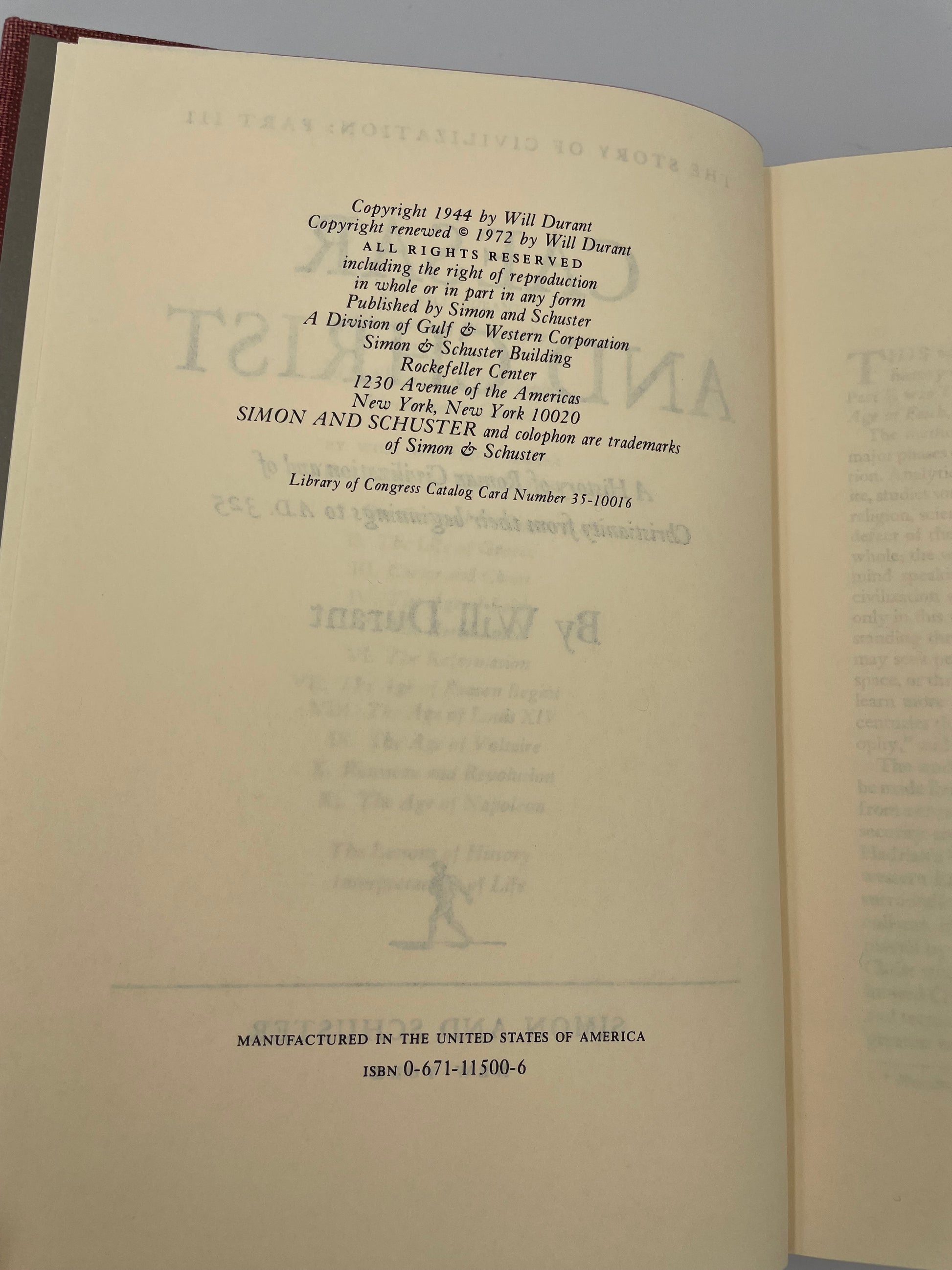 Copyright info page from 'Caesar and Christ by Will Durant' 