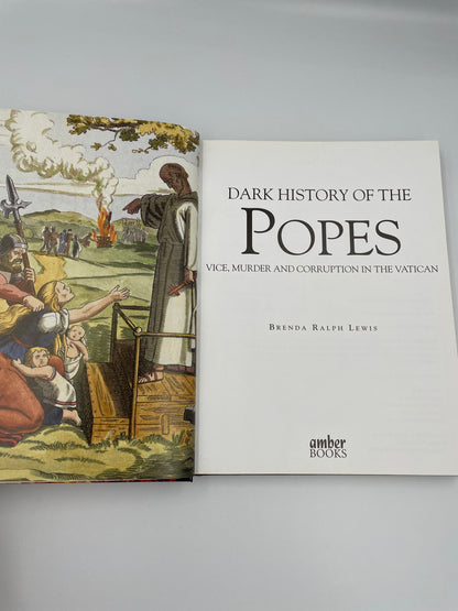 Title page with illustration on opposite page of "Dark History of the Popes"
