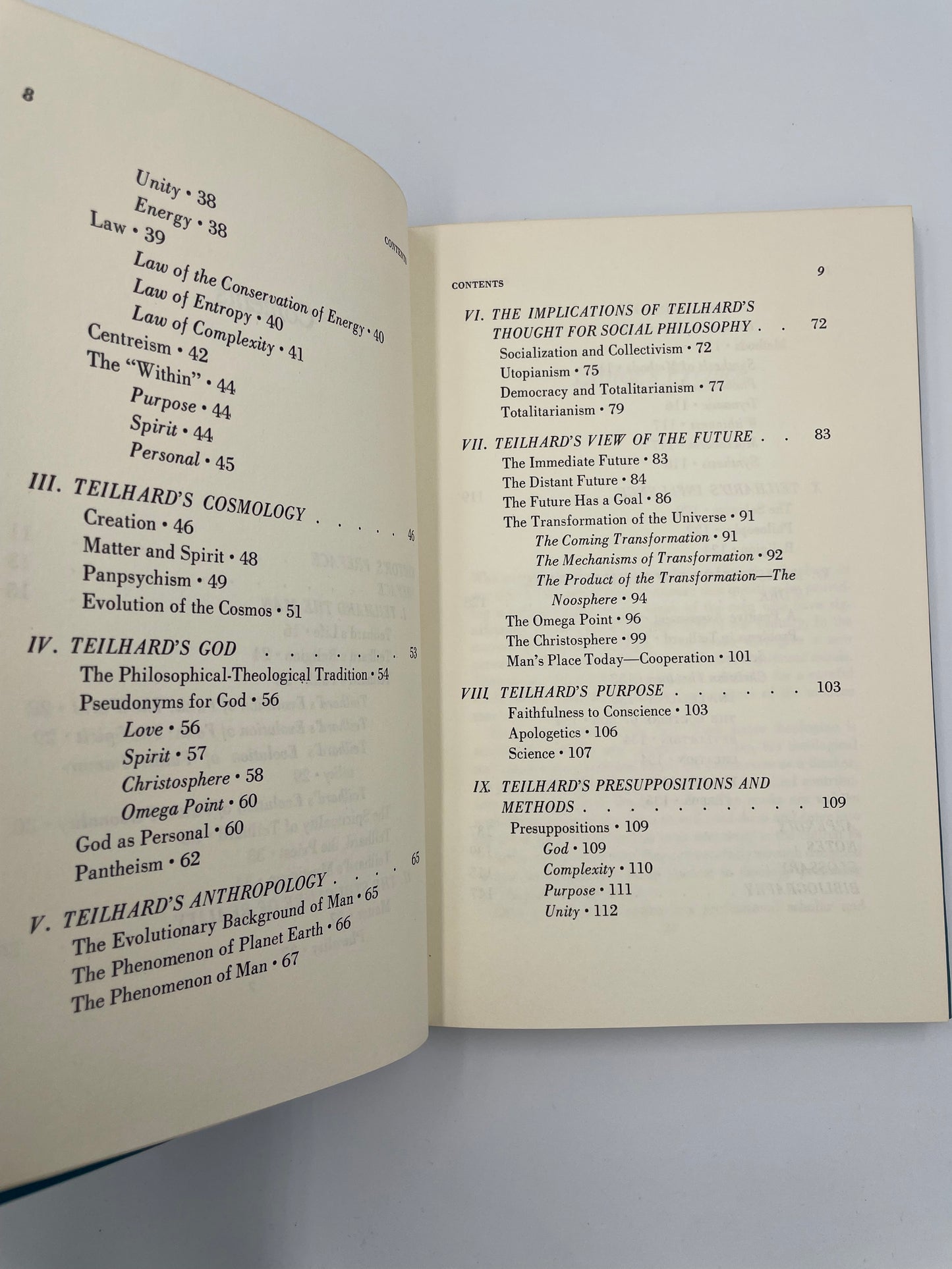 Contents pages continued from book, 'Teilhard de Chardin'. 