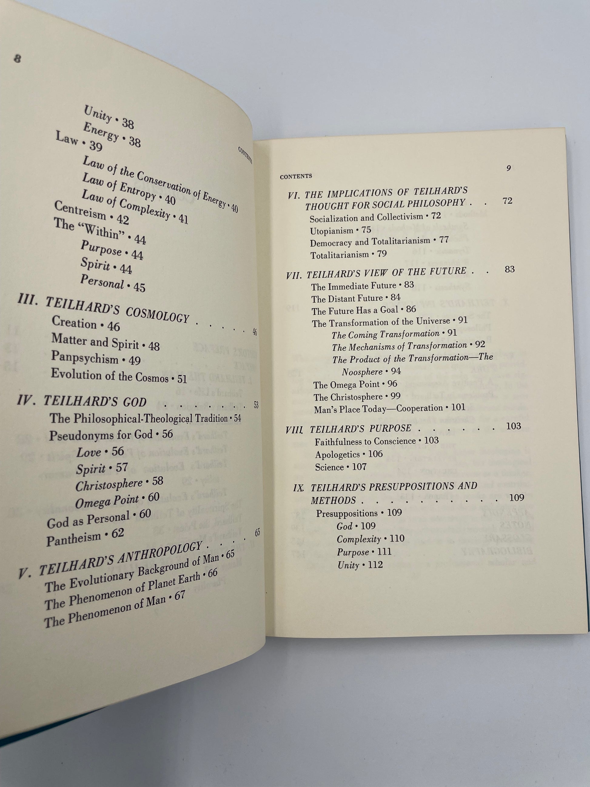 Contents pages continued from book, 'Teilhard de Chardin'. 