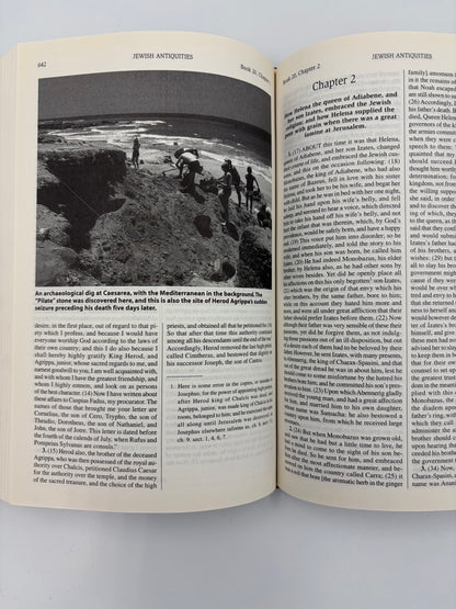 Open pages wth photo of archaeological dig in Caesarea from the book, 'The New Complete Works of Josephus'.