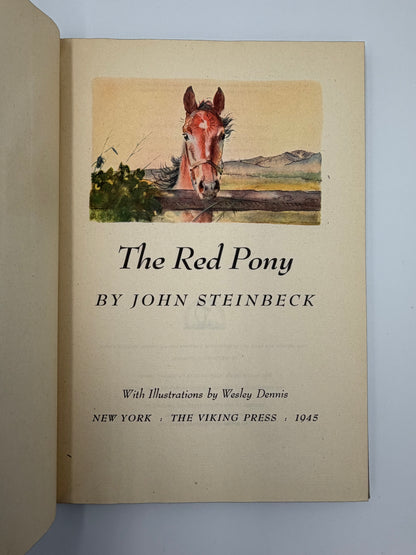 Title page of 'The Red Pony' by John Steinbeck with a horse illustration on a plain background. 1945 edition. 