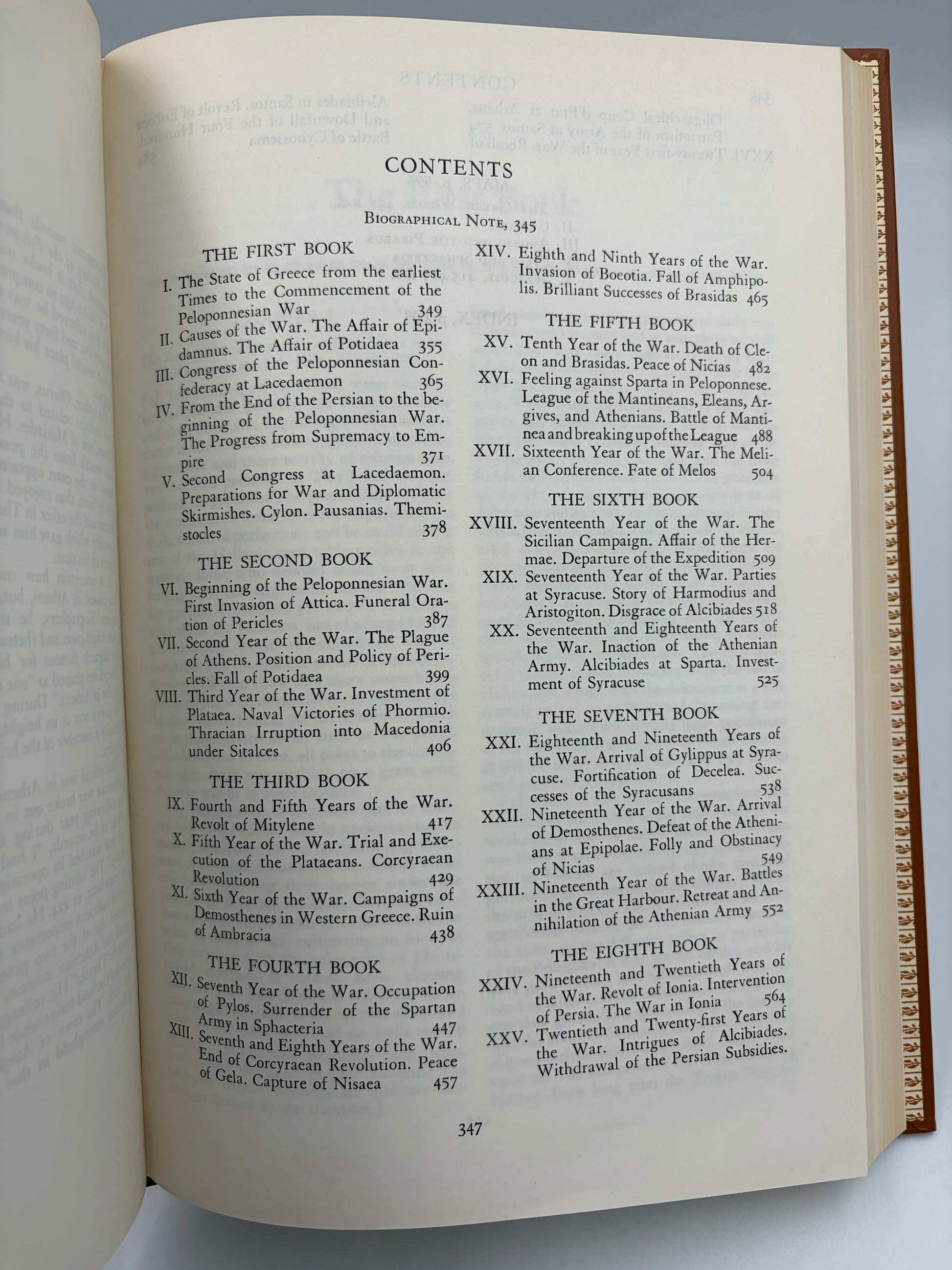 Contents page for 'The History of the Peloponnesian War' from the book 'The History of Herodotus and The History of the Peloponnesian War'.  