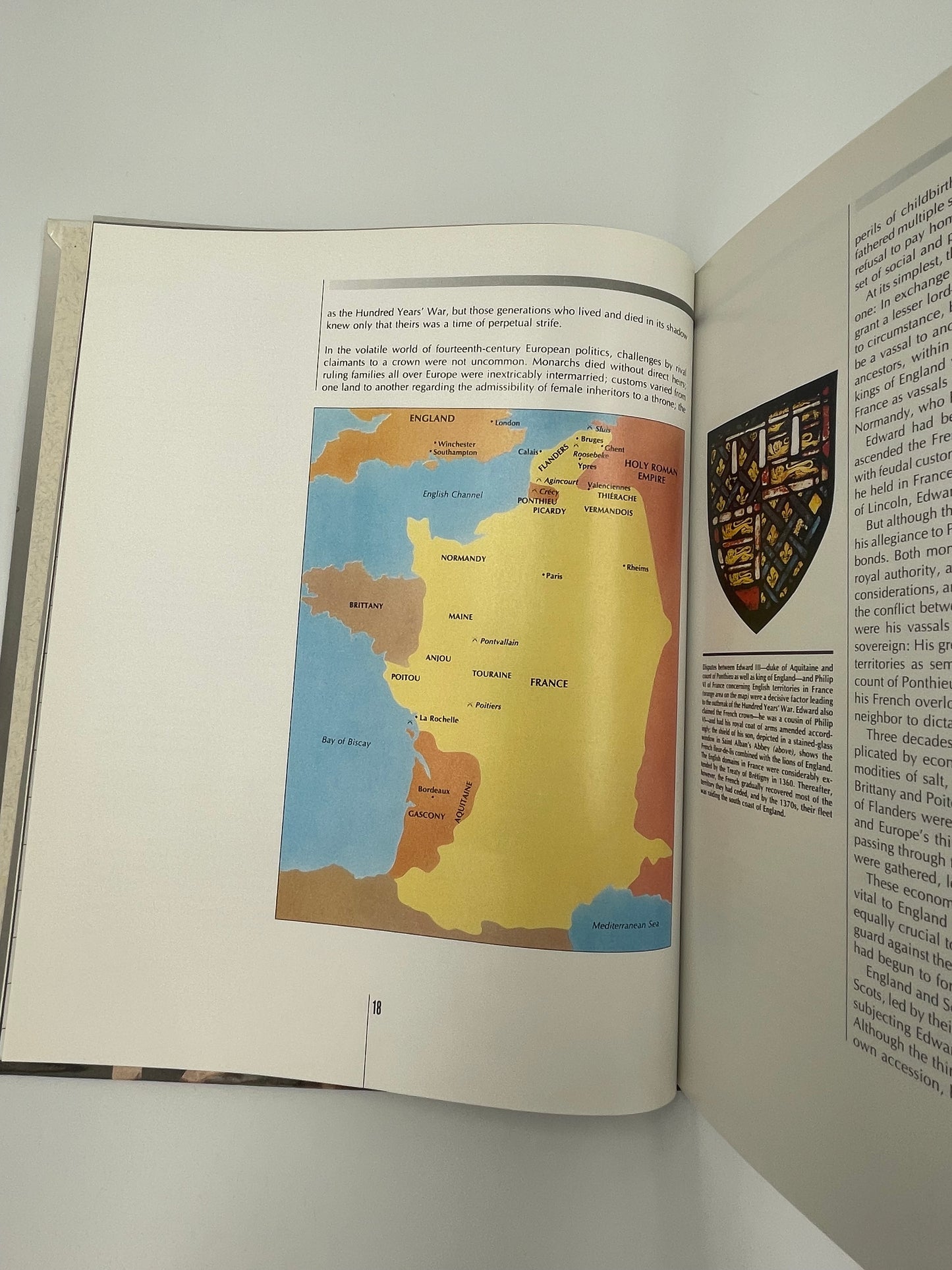 Inside page of book  'Time Frame A.D. 1300-1400' with a map and text on a white background