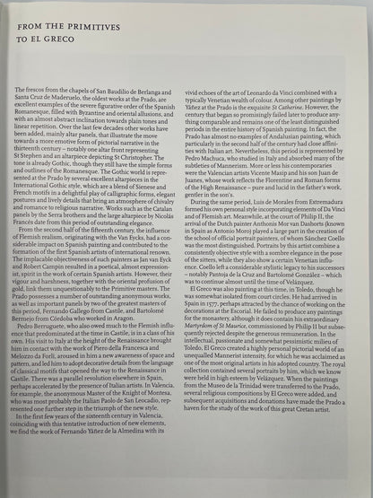 Introductory page with text entitled from the primitive to El Greco from the book, ‘The Prado’ – Scala