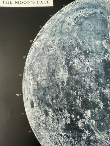 Illustration of Moon's surface with labels and coordinates of Times Atlas of the world 1968 Edition  