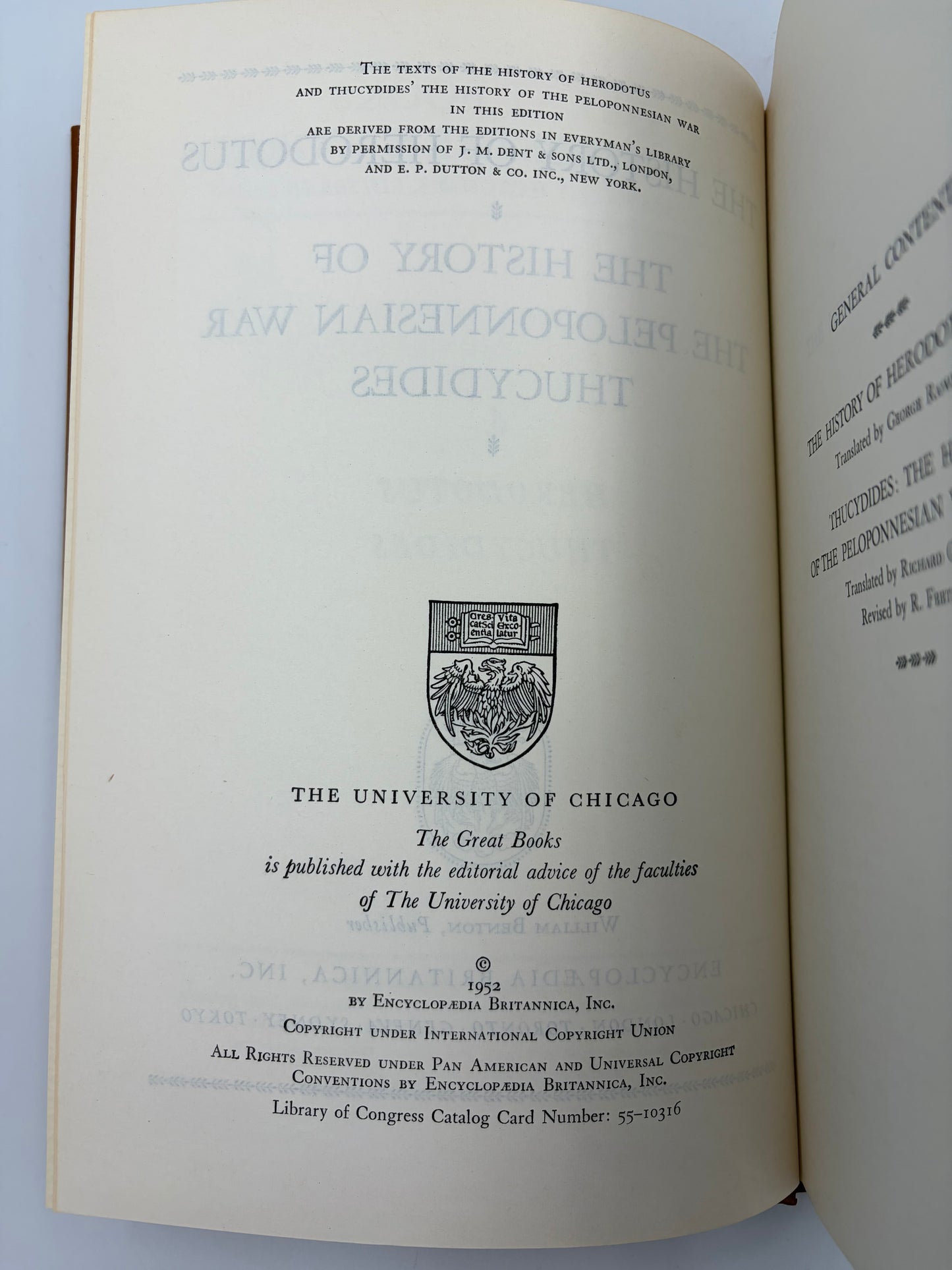Copyright page from 'The History of Herodotus and The History of the Peloponnesian War'. 1952