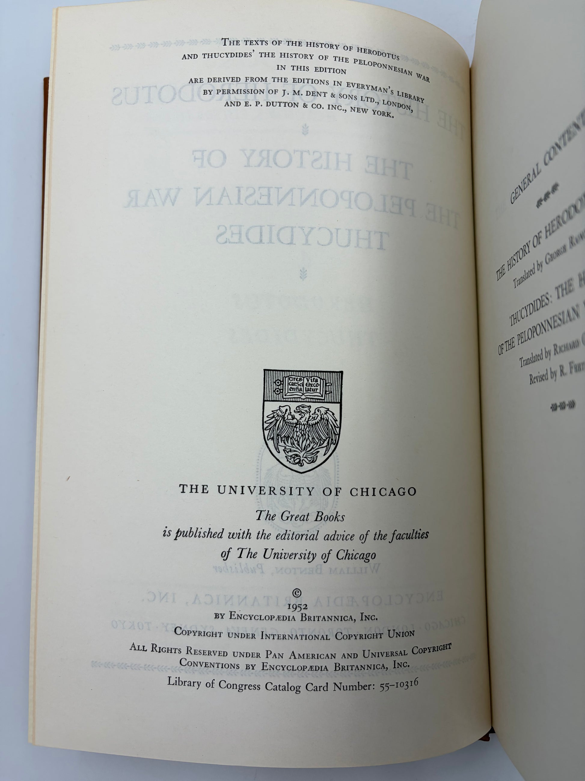 Copyright page from 'The History of Herodotus and The History of the Peloponnesian War'. 1952