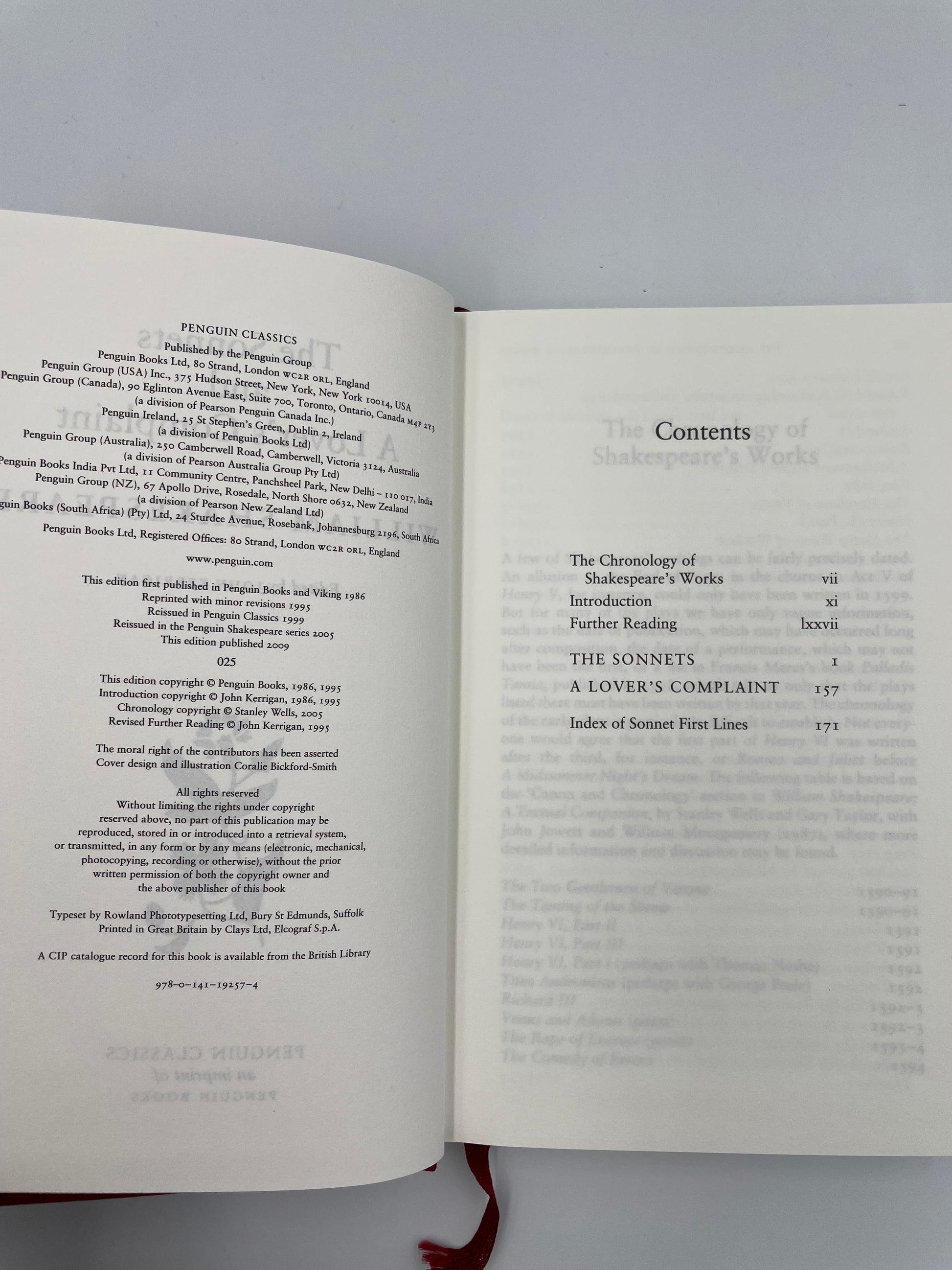 Publisher info page and contents page of 'The Sonnets and A Lover’s Complaint' by William Shakespeare. 