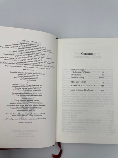 Publisher info page and contents page of 'The Sonnets and A Lover’s Complaint' by William Shakespeare. 