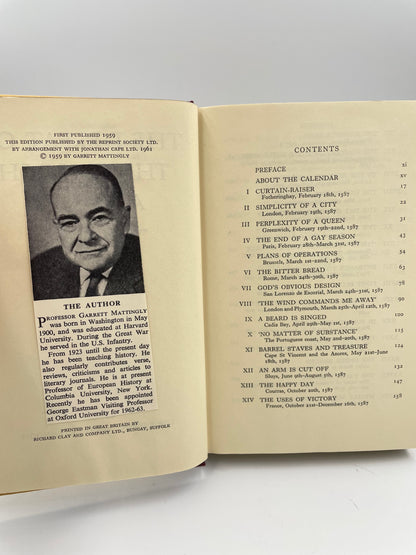 Open book with a portrait and text of contents on a white background from ‘The Defeat of the Spanish Armada’ by Garrett Mattingly.