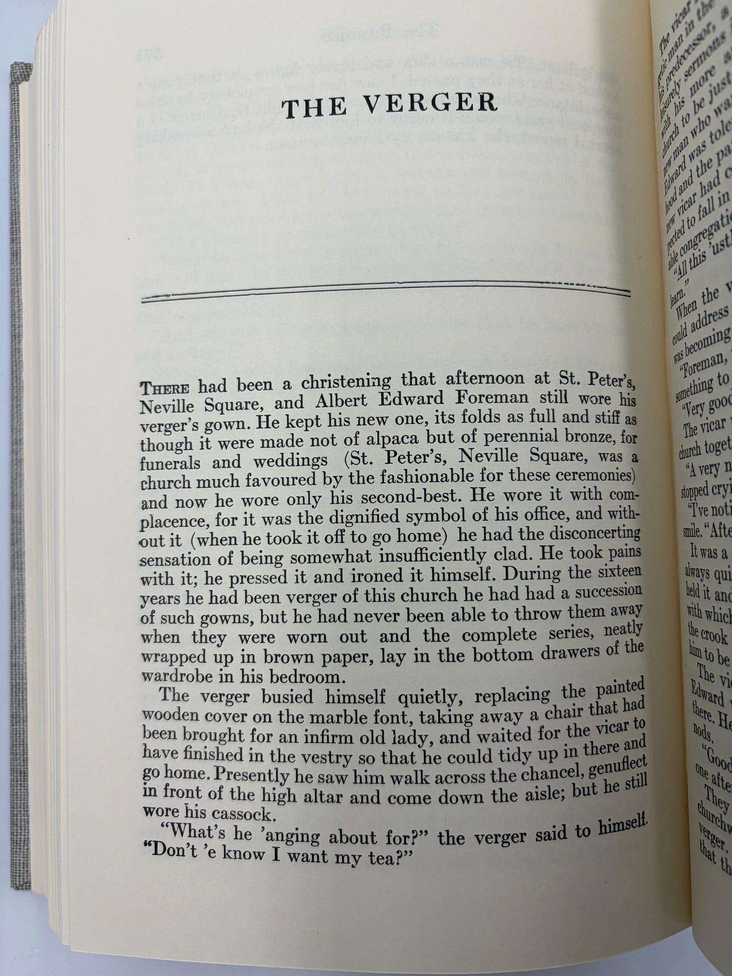 Open book with text from the short story 'The Verger' from Table of contents page from 'The Complete Short Stories of W. Somerset Maugham' Volume 2.