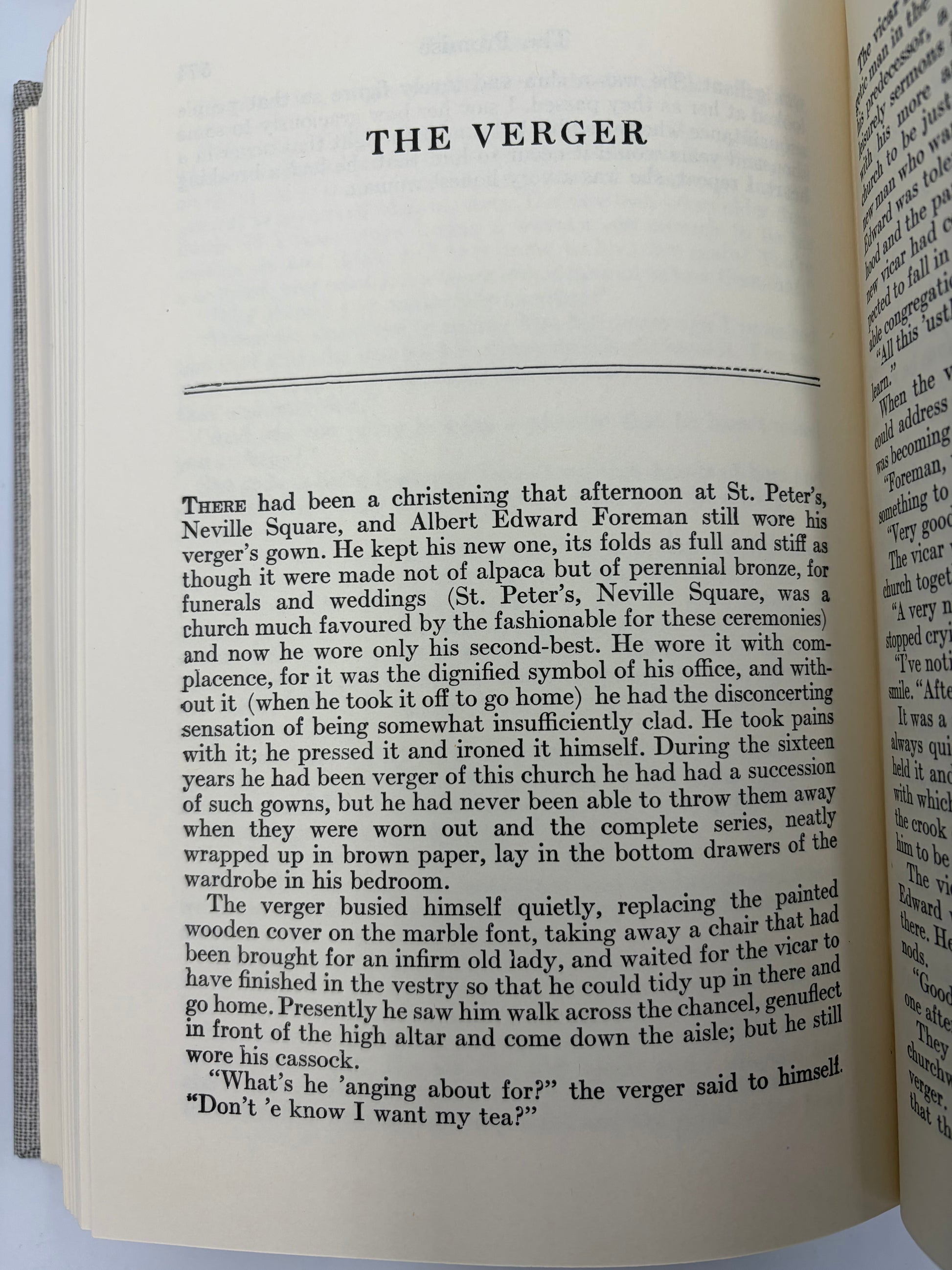 Open book with text from the short story 'The Verger' from Table of contents page from 'The Complete Short Stories of W. Somerset Maugham' Volume 2.
