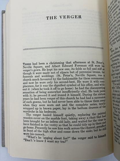 Open book with text from the short story 'The Verger' from Table of contents page from 'The Complete Short Stories of W. Somerset Maugham' Volume 2.