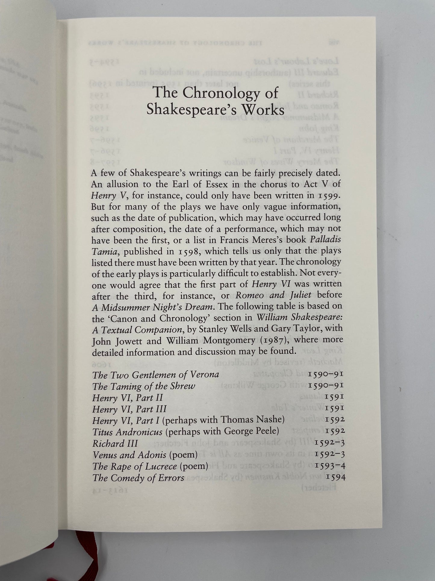 Page on chronology of Shalespeare's works from the book, 'The Sonnets and A Lover’s Complaint' by William Shakespeare.