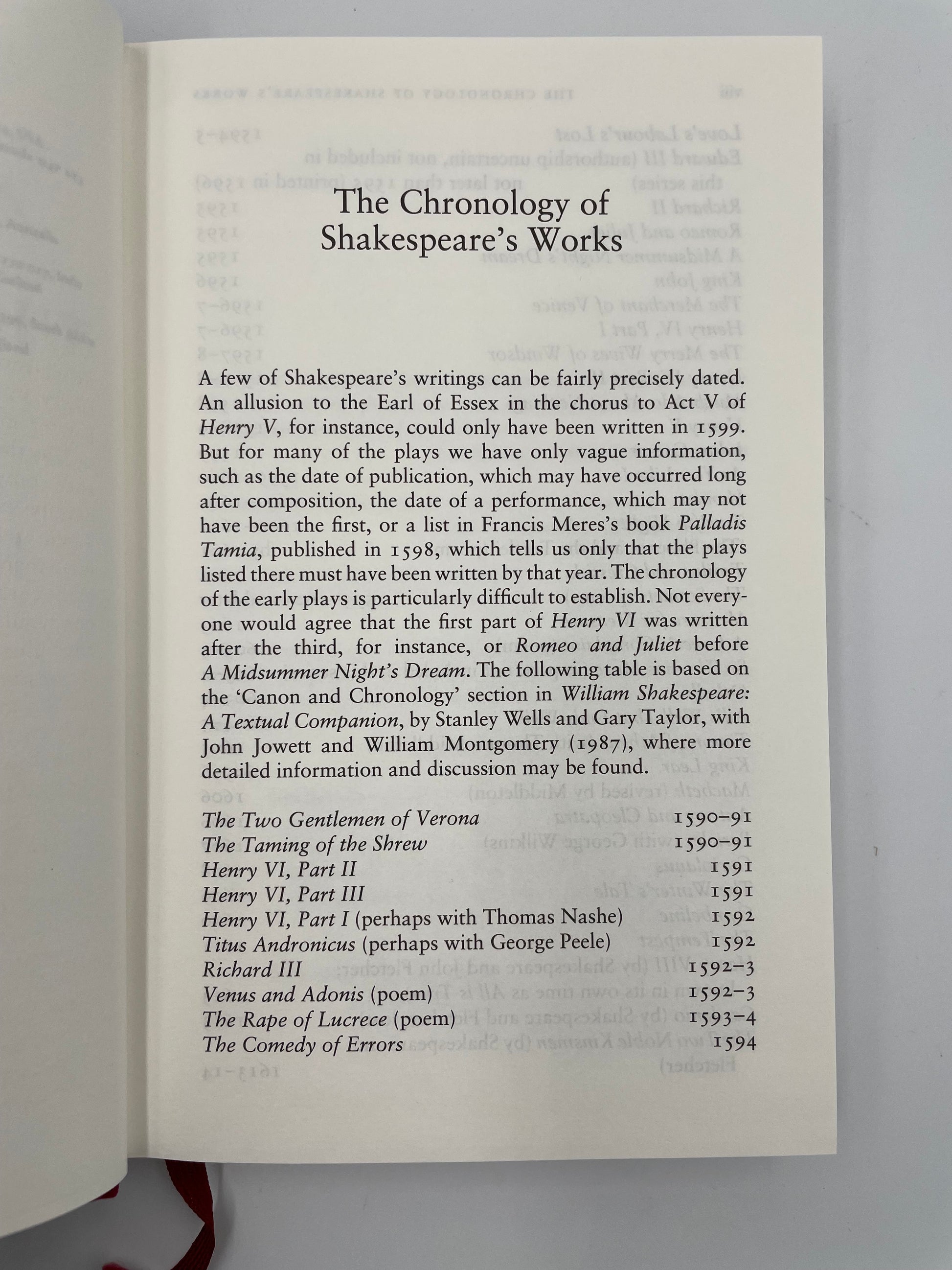 Page on chronology of Shalespeare's works from the book, 'The Sonnets and A Lover’s Complaint' by William Shakespeare.