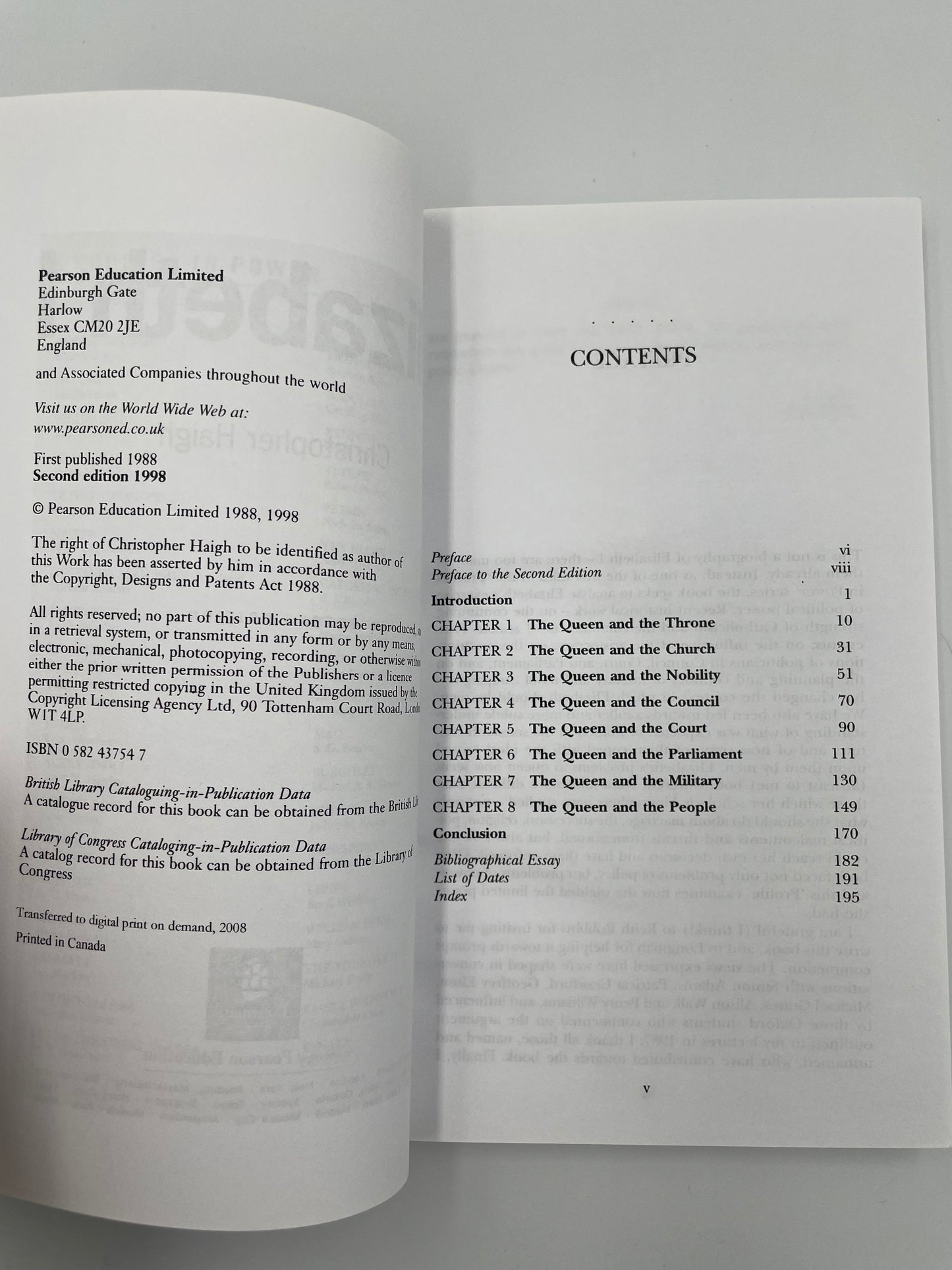 Publisher info page and contents page of ‘Elizabeth I’