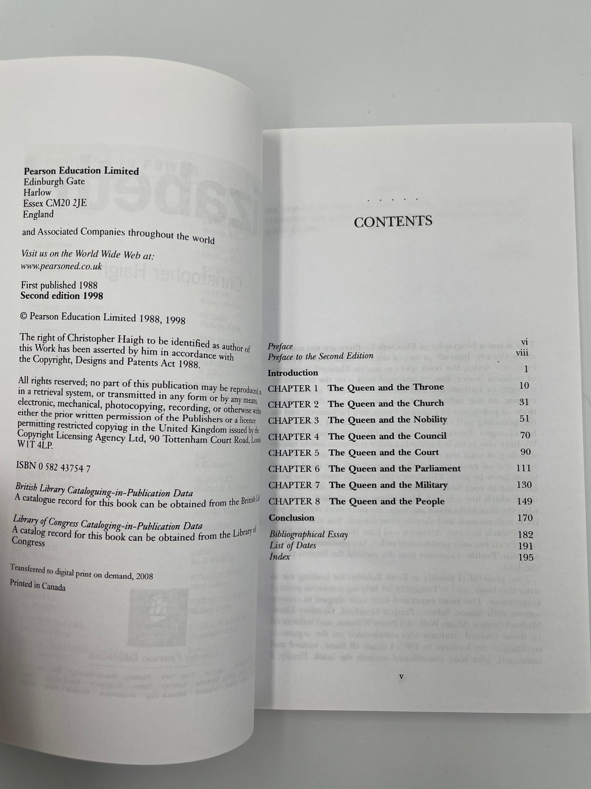 Publisher info page and contents page of ‘Elizabeth I’