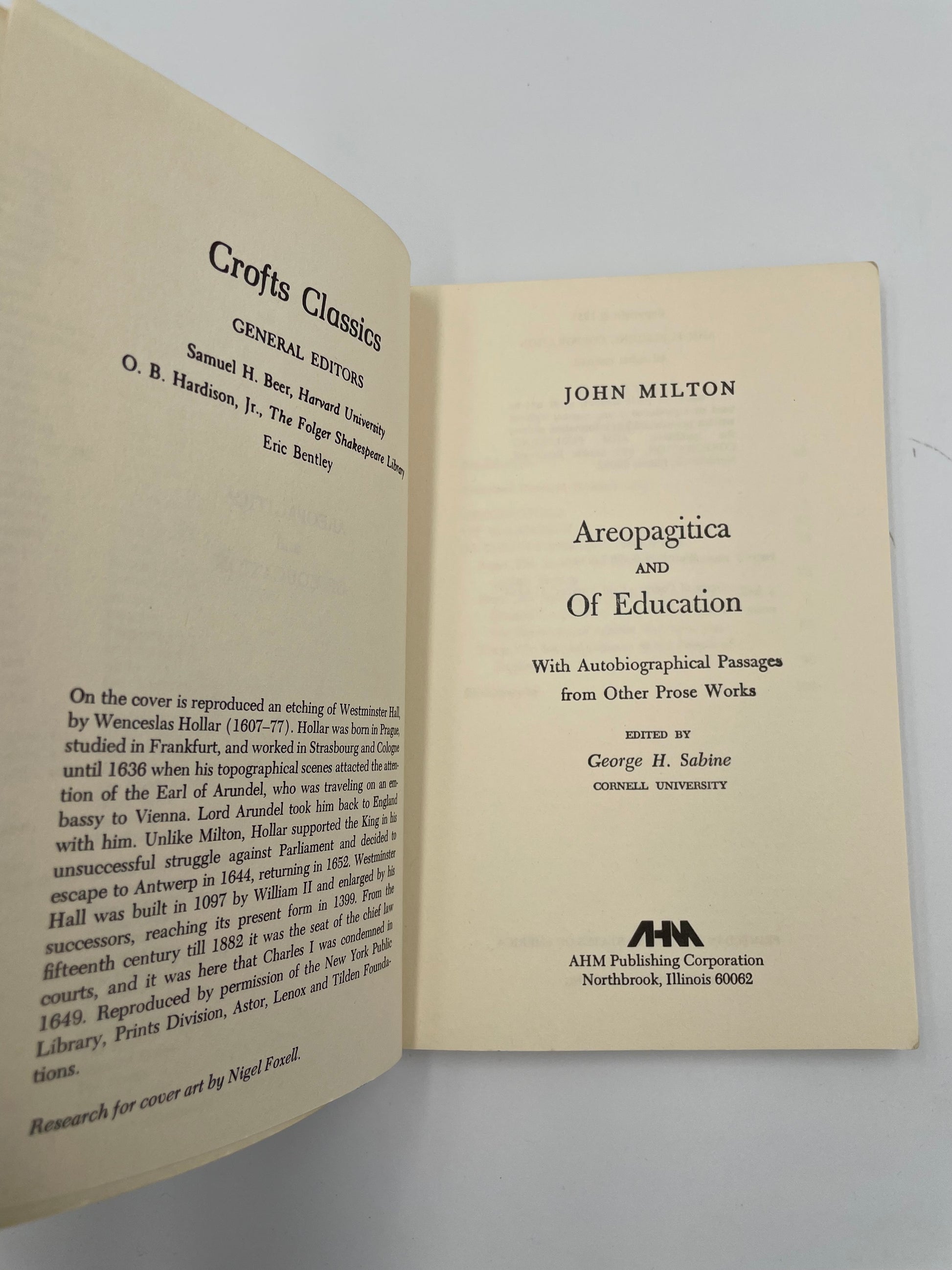 Title page with info of 'Areopagitica and Of Education' by Milton 
