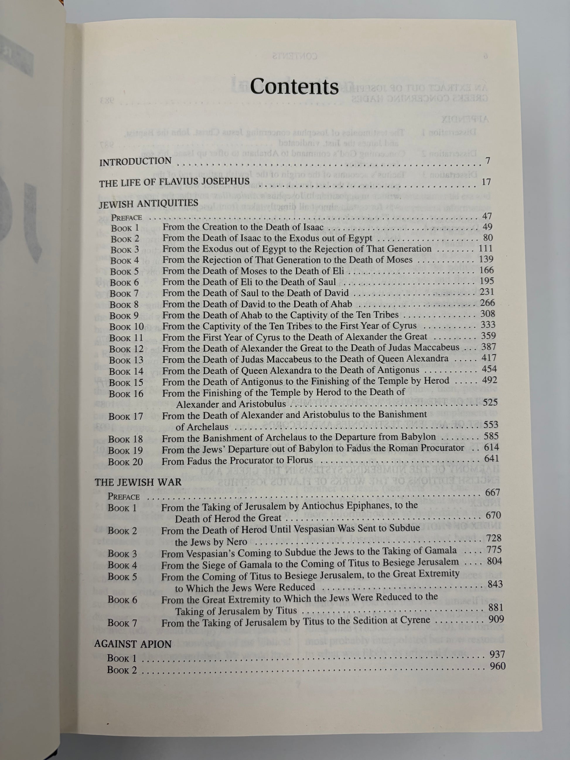 Table of contents page from the book, 'The New Complete Works of Josephus'.