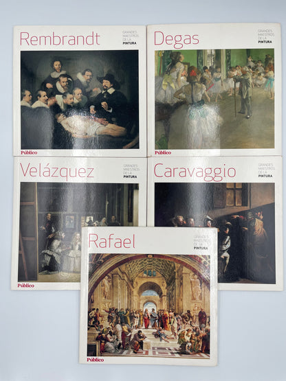 5 book covers of "Grand Maestros de la Pintura" showing covers for Raphael, Velazquez, Caravaggio, Rembrandt, Degas | Estimable Books