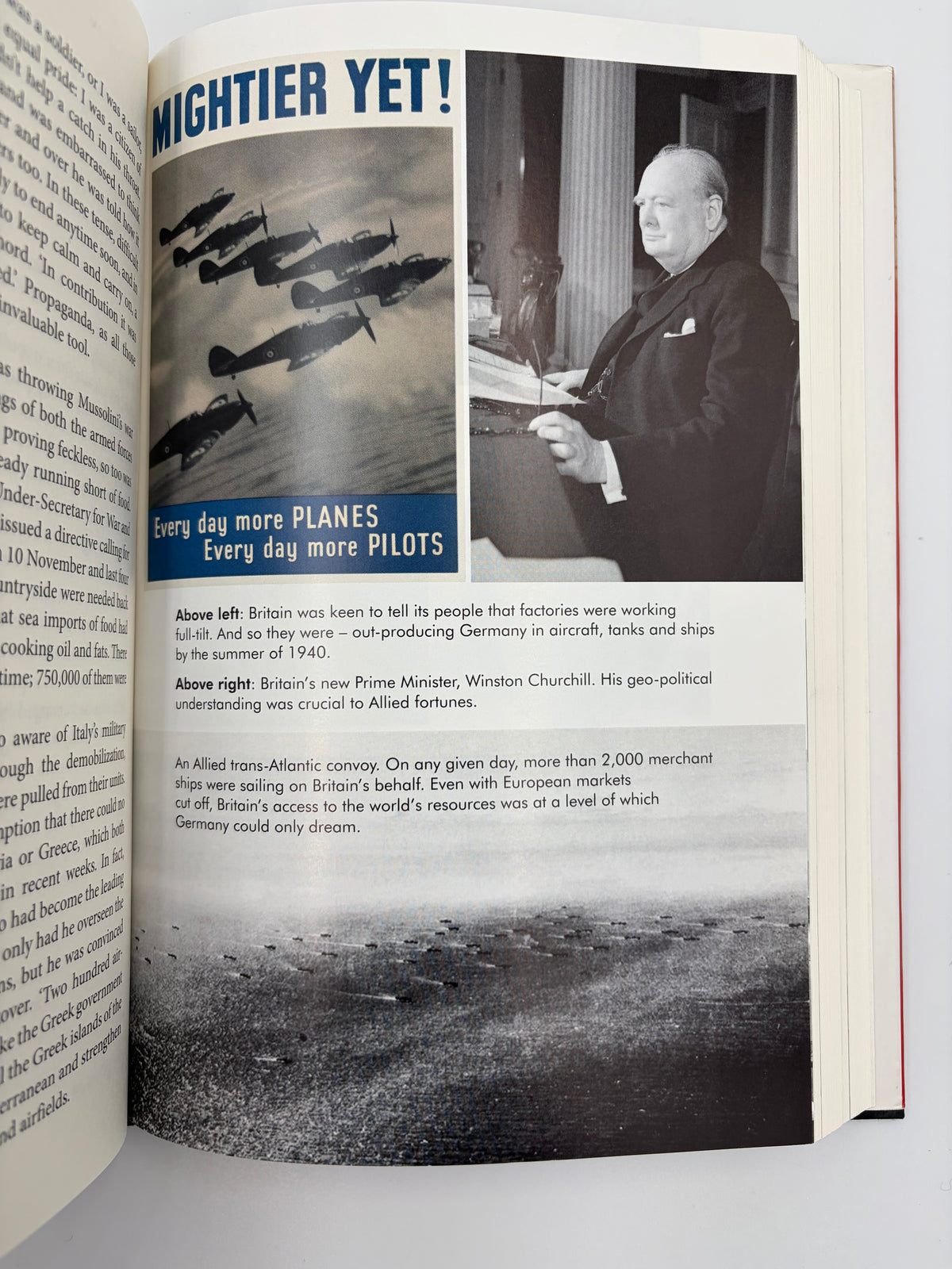 Open page with  photograph of Winston Churchill, a row of fighter planes, and a  photo of an Atlantic convoy from 'The Rise of Germany 1939-1941  The war in the West'.
