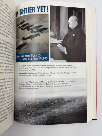 Open page with  photograph of Winston Churchill, a row of fighter planes, and a  photo of an Atlantic convoy from 'The Rise of Germany 1939-1941  The war in the West'.