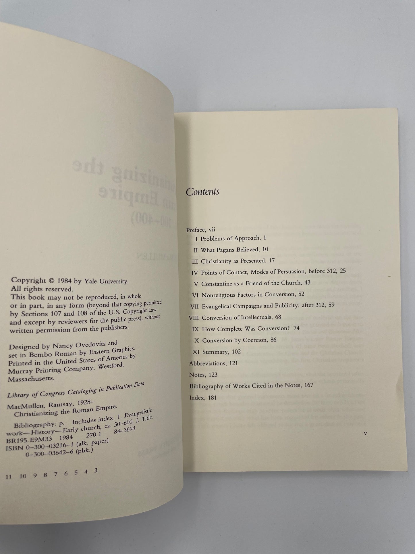 Publisher information page and table of contents pages of ‘Christianizing the Roman Empire, AD 100–400’ by Ramsay MacMullen.