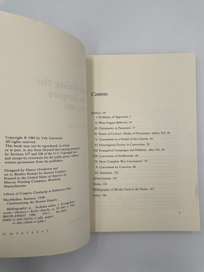Publisher information page and table of contents pages of ‘Christianizing the Roman Empire, AD 100–400’ by Ramsay MacMullen.