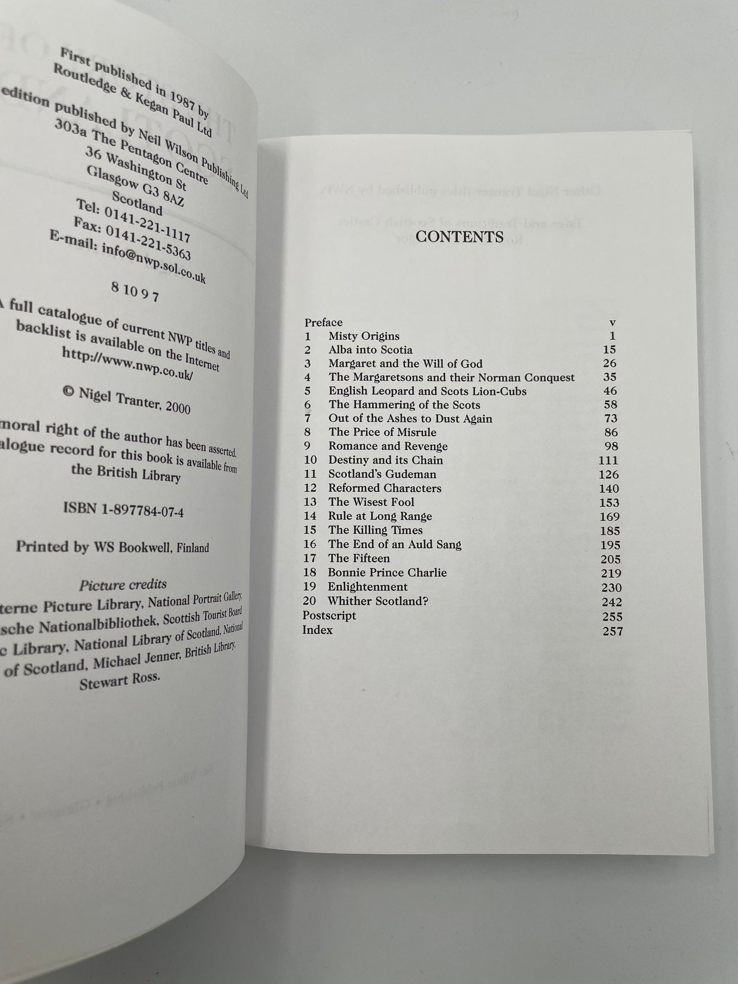 Page with table of contents from the book ‘The Story of Scotland’ by Nigel Tranter.