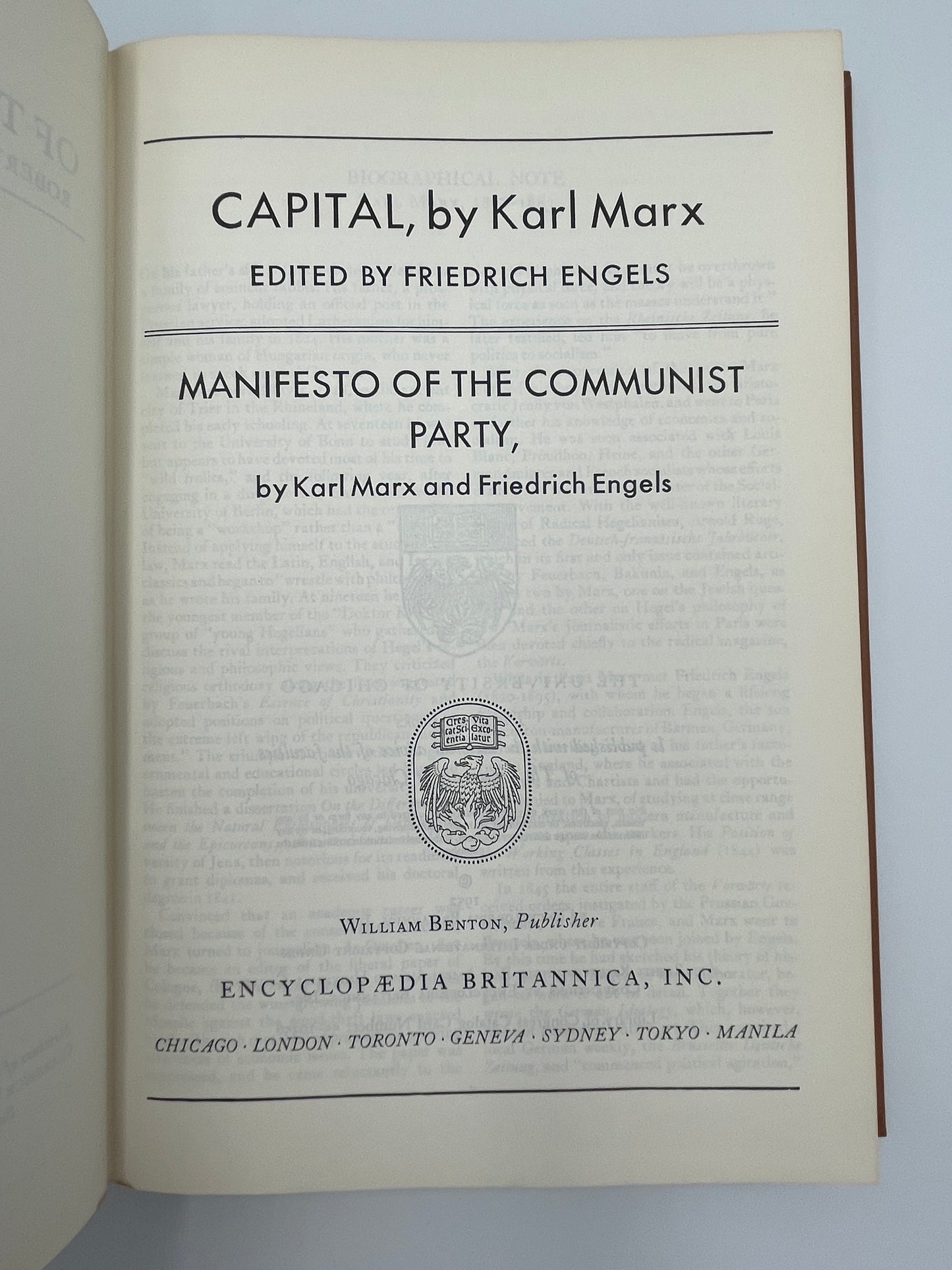 Marx (Britannica: Great Books of the Western World) Capital (Ed. F.Engels). Manifesto of The Communist Party by Marx and Engles.