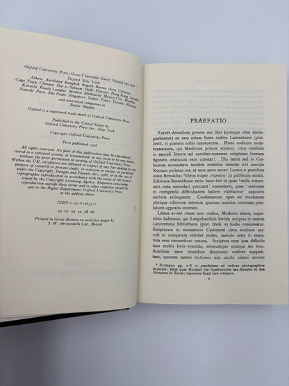 Publisher information page and preface page in Latin from the book ‘Cornelii Taciti — Annalium Ab Excessu Divi Augusti Libri’ (Oxford Classical Text)