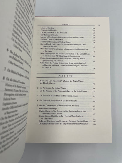 Contents page from "Democracy in America" by Alexis De Toqueville (Ed. Harvey C. Mansfield and Delba Winthrop). 