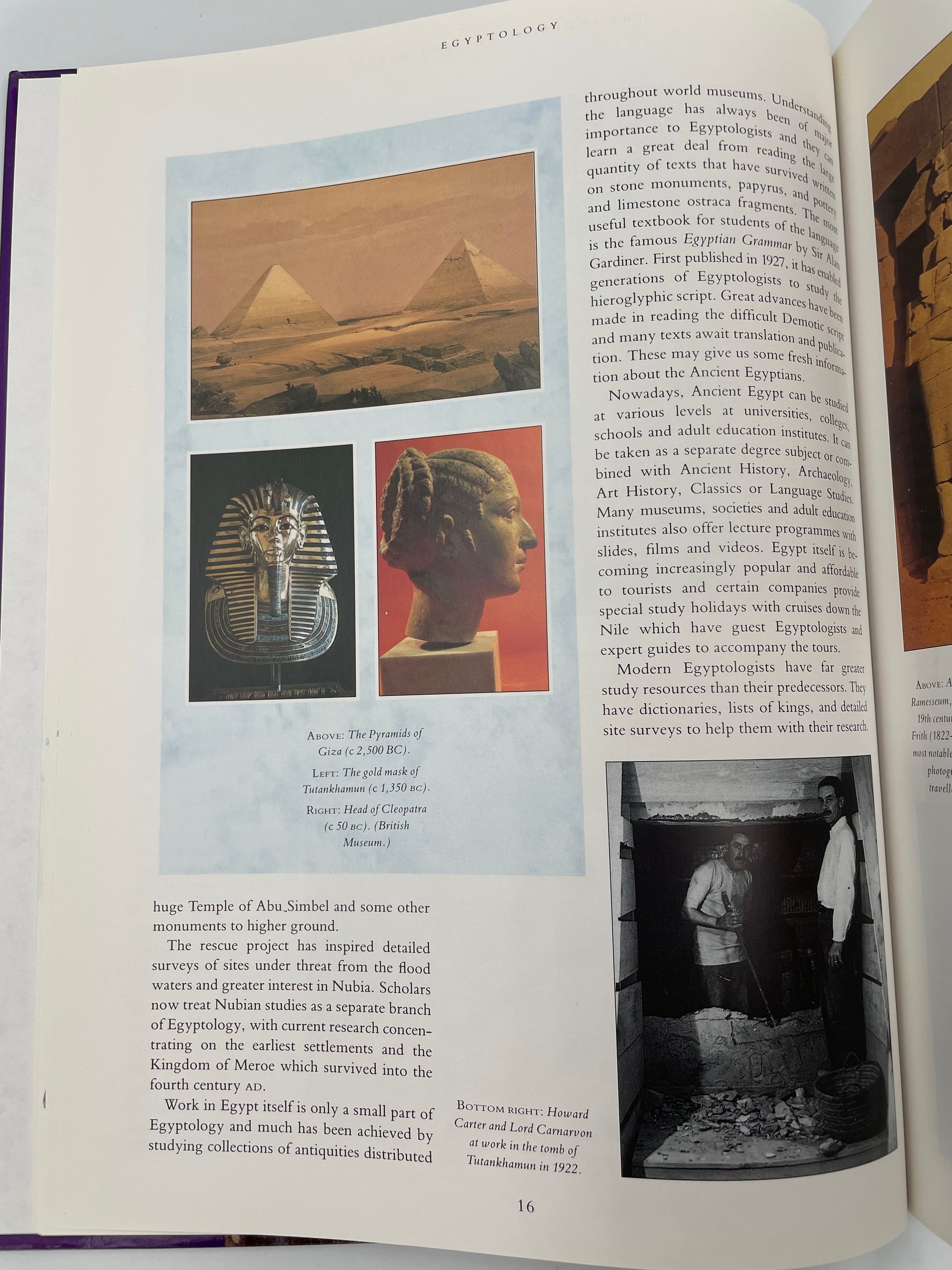 Open book with text and images of a pyramid, sarcophagus, and other artifacts from ‘Egyptology: An Introduction to the History, Culture, and Art of Ancient Egypt’ by James Putnam.