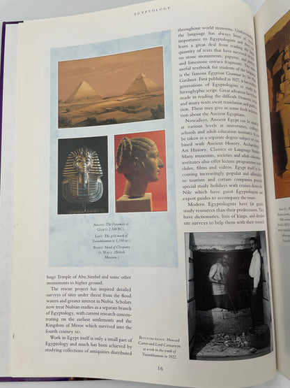 Open book with text and images of a pyramid, sarcophagus, and other artifacts from ‘Egyptology: An Introduction to the History, Culture, and Art of Ancient Egypt’ by James Putnam.