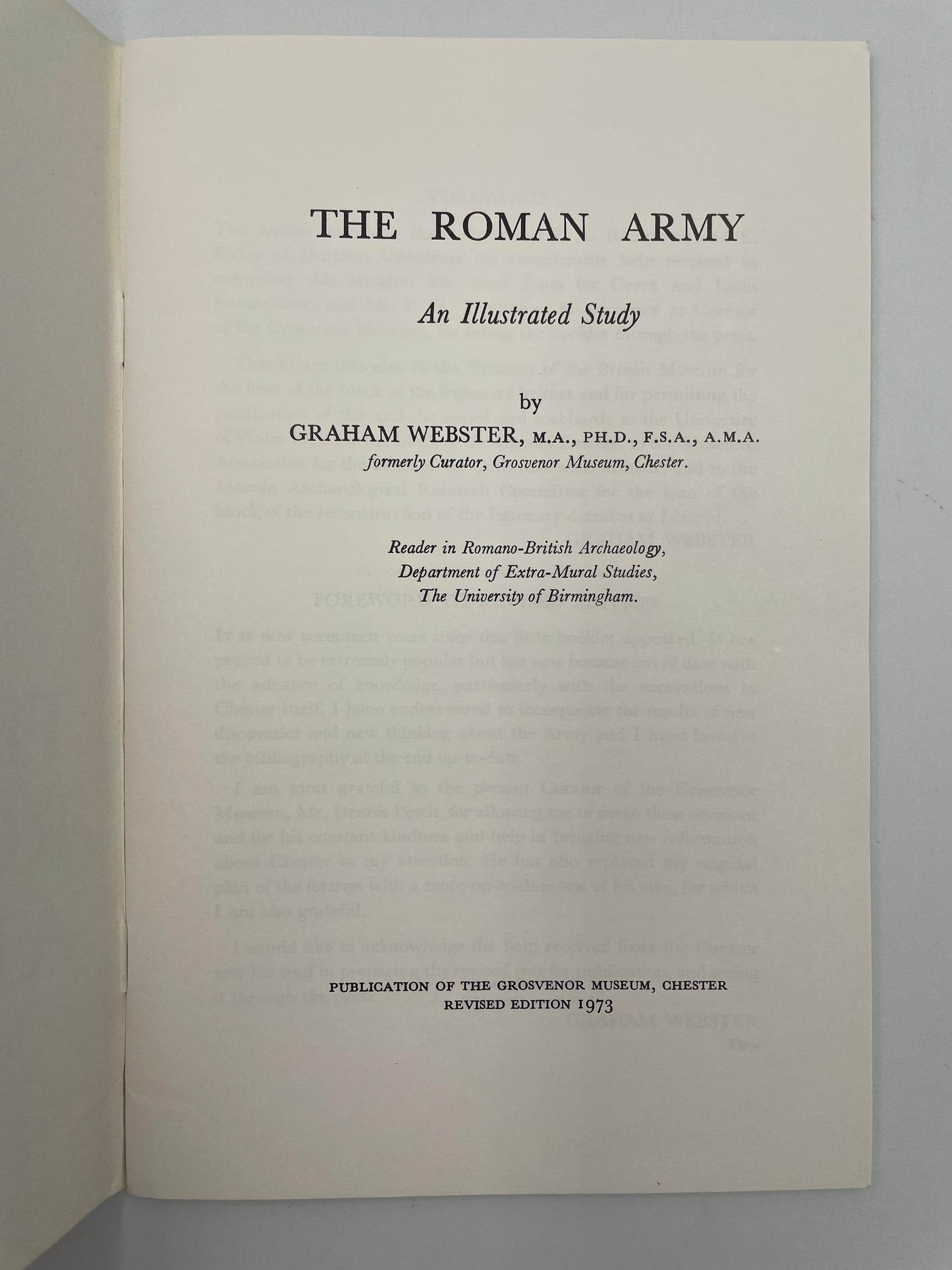 Title page of booklet, 'The Roman Army' by Graham Webster.