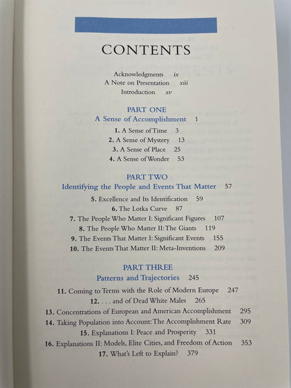 Contents page from  "Human Accomplishment: The Pursuit of Excellence in the Arts and Sciences, 800 B.C. to 1950" 