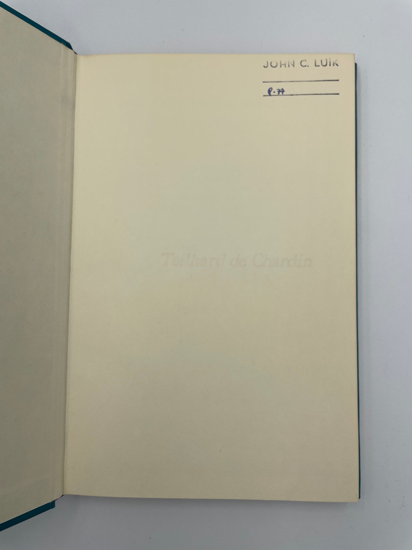 Inside cover page from book 'Teilhard de Chardin'.