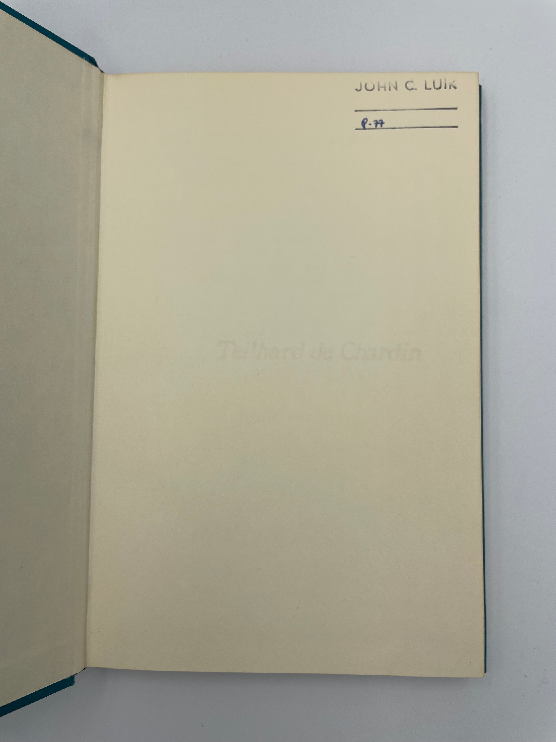 Inside cover page from book 'Teilhard de Chardin'.