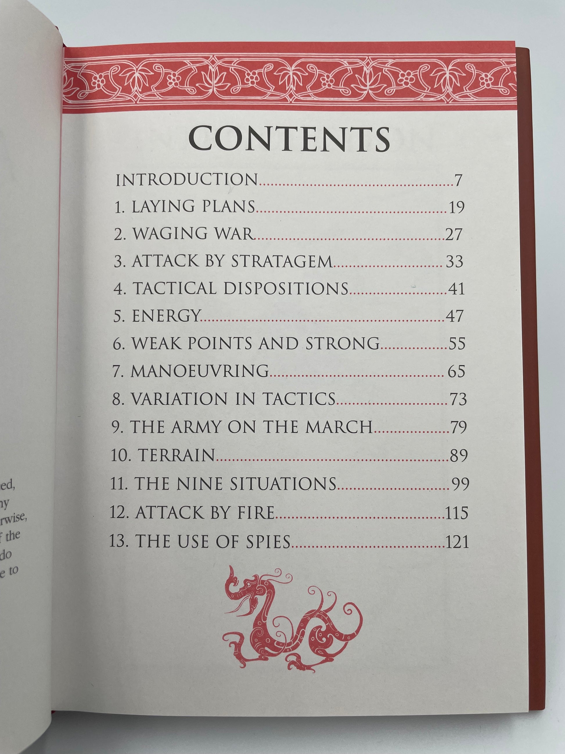 Table of contents page with red text and decorative elements on a white background from ‘The Art of War’ by Sun Tzu.