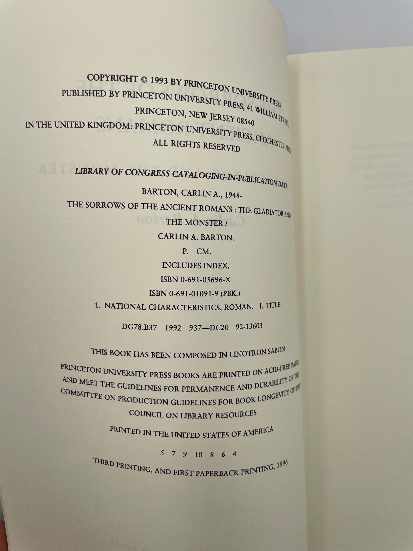 Publisher info page of  'The Sorrows of the Ancient Romans: The Gladiator and the Monster' by Carlin A. Barton.