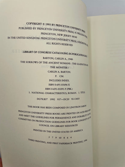 Publisher info page of  'The Sorrows of the Ancient Romans: The Gladiator and the Monster' by Carlin A. Barton.