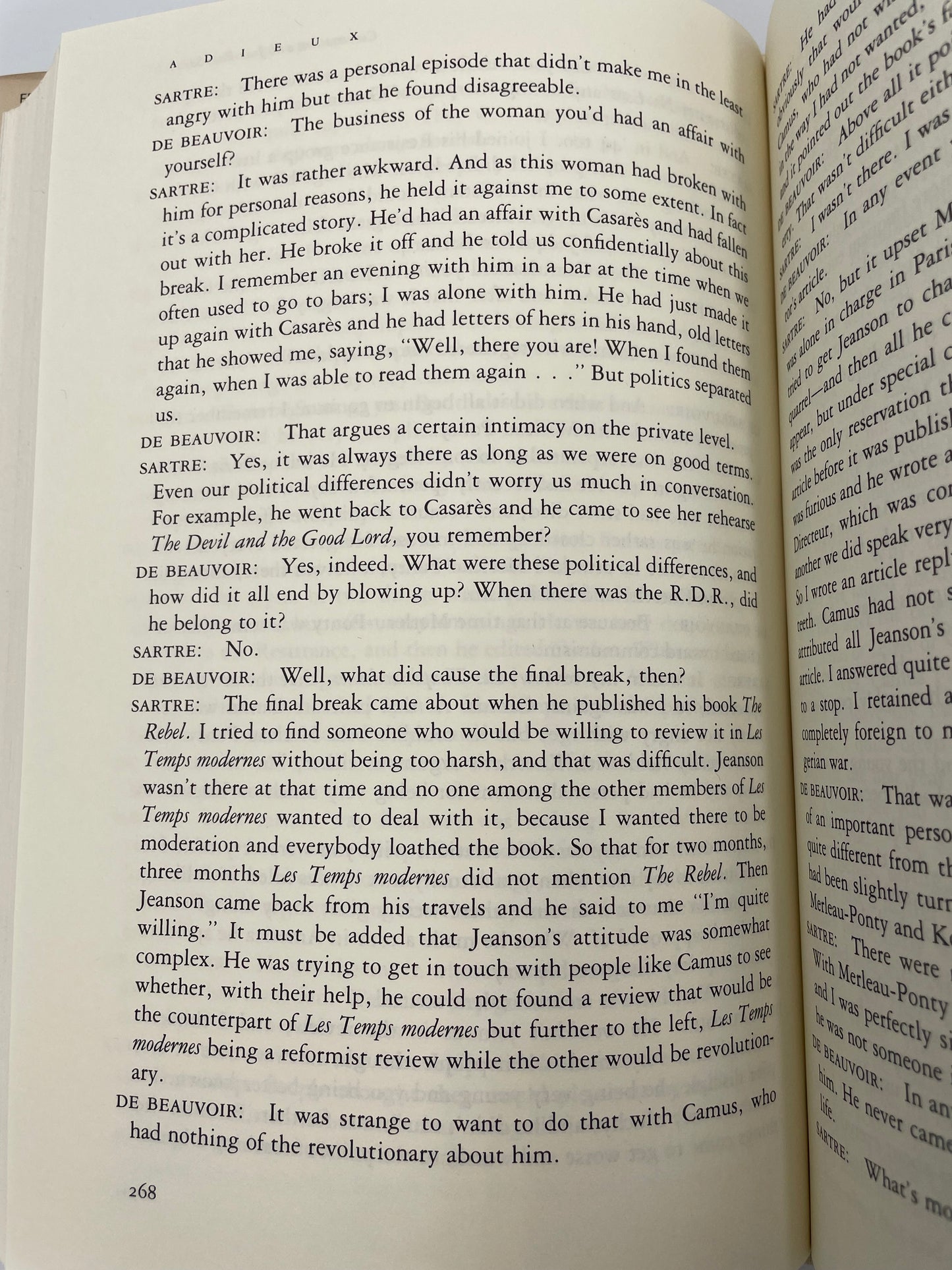Random page 268 from book ‘Adieux: A Farewell to Sarte’ by Simone de Beauvoir.