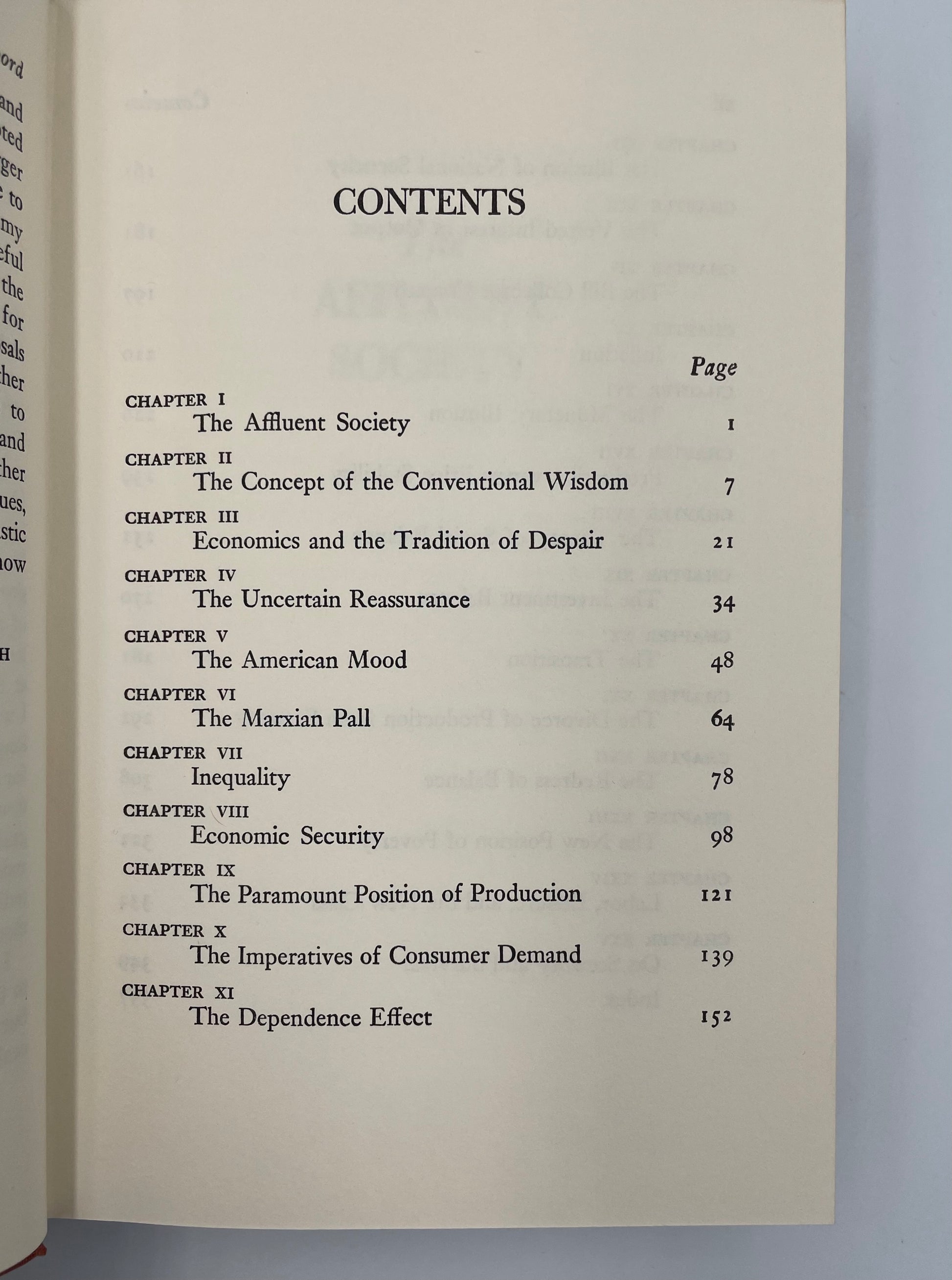 Table of contents page from the book ‘The Affluent Society’ by John Kenneth Galbraith