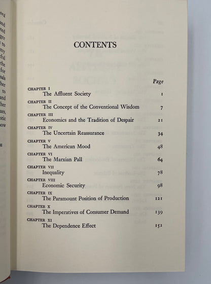 Table of contents page from the book ‘The Affluent Society’ by John Kenneth Galbraith